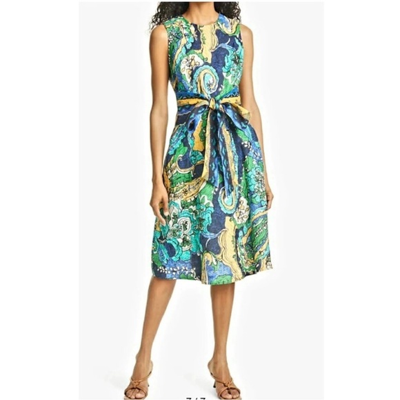 Kobi Halperin Sophie Tropical Multicolor Printed Belt Tie Flare Linen Dress S - Picture 2 of 12